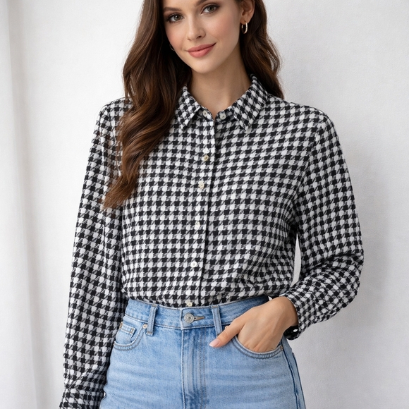 Susan Graver Tops - Susan Graver Black and White Houndstooth Silky Blouse XL
